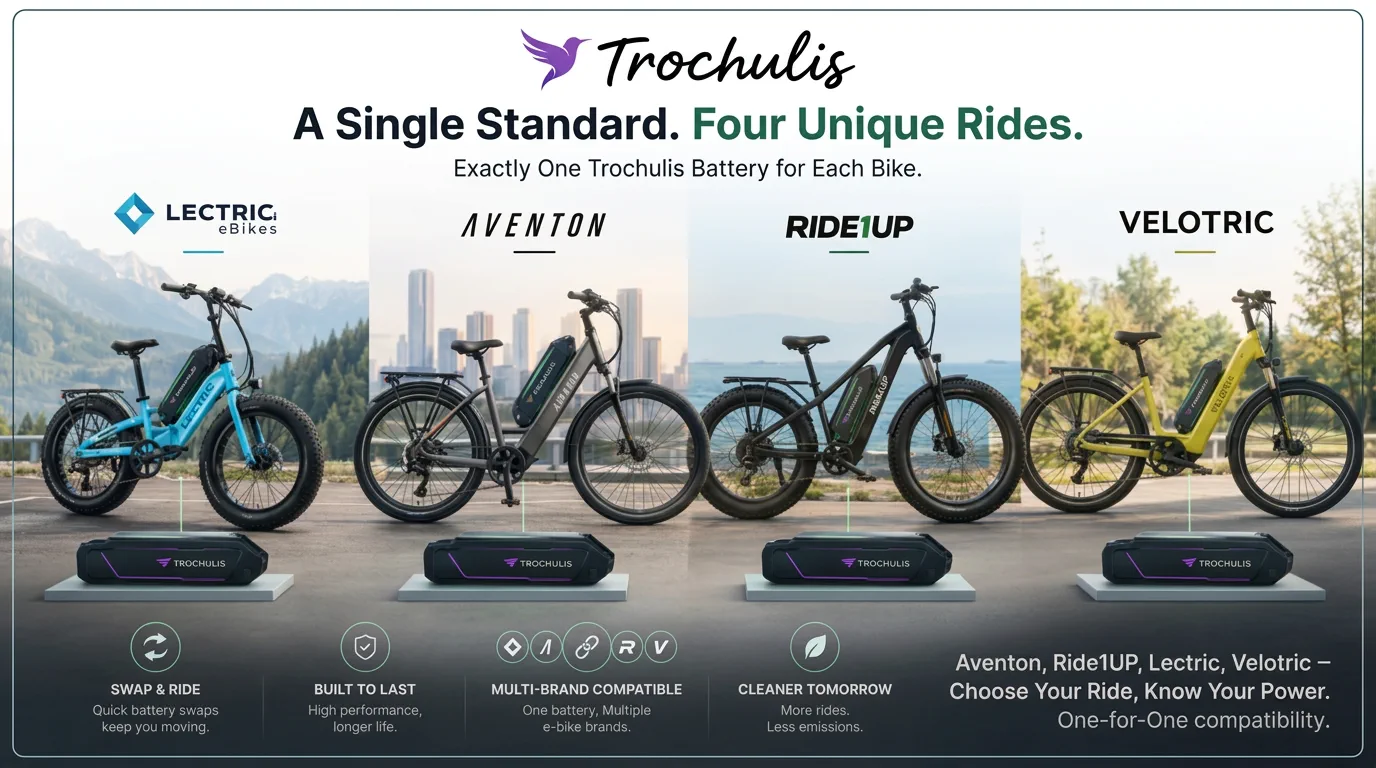Trochulis swappable batteries powering e-bikes from Lectric, Aventon, Ride1Up, and Velotric